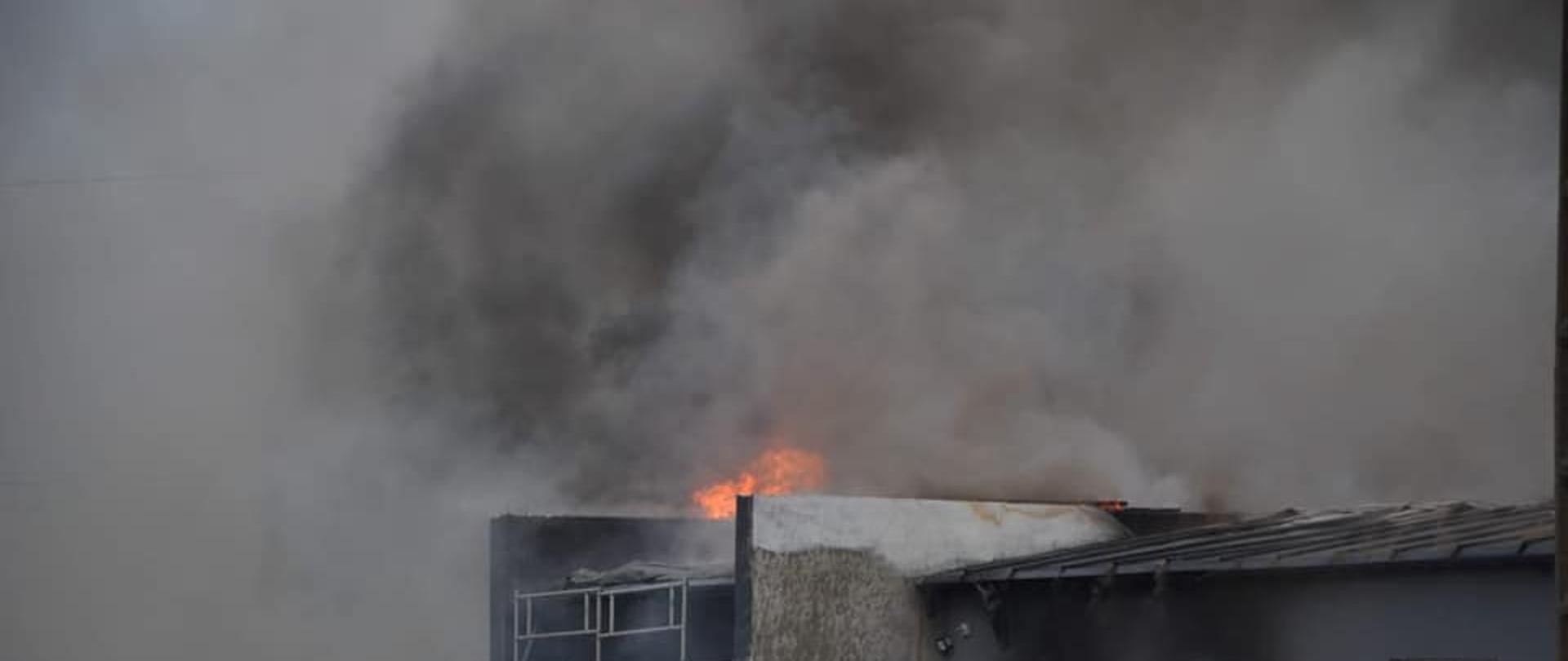 Czerwony samochód gaśniczy na tle płonącego budynku warsztatu samochodowego nad którym unoszą się płomienie i kłęby dymu.