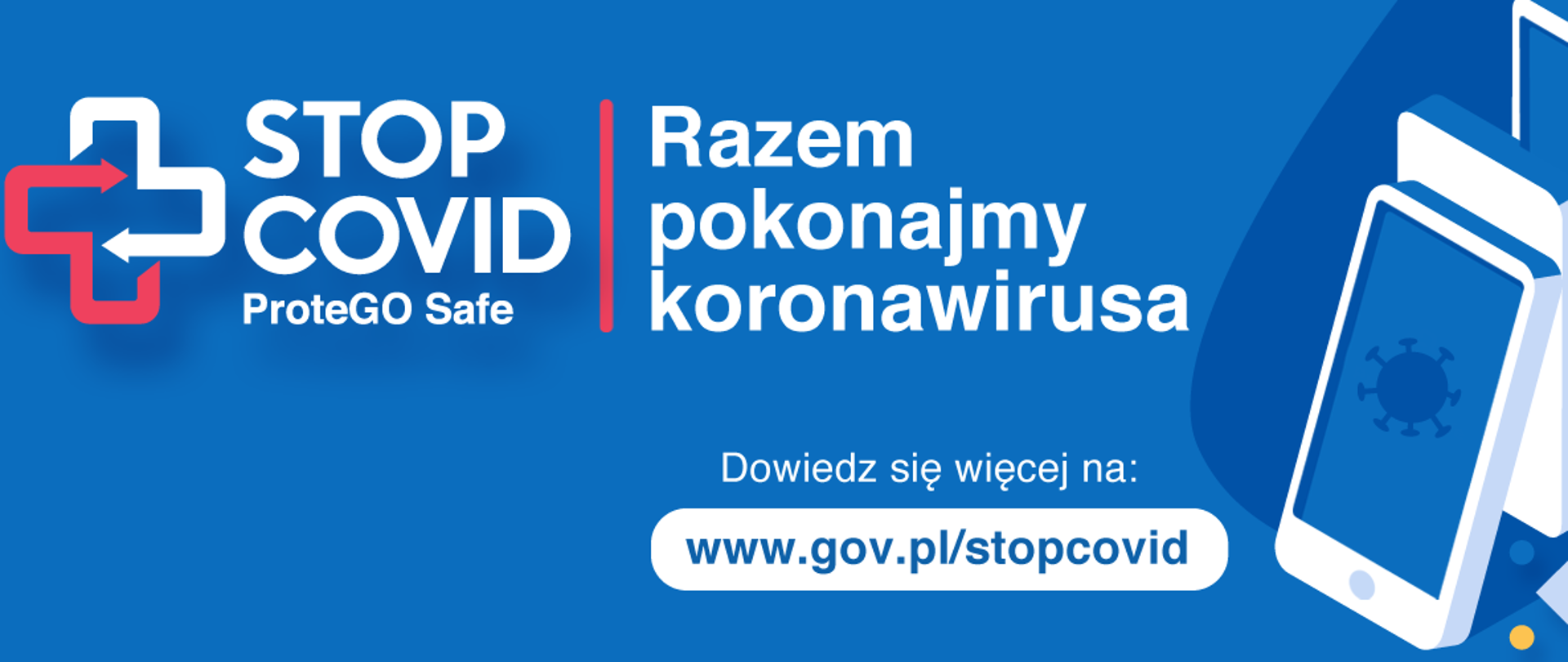 Grafika, na której widnieje napis: STOP COVID - ProteGO Safe, razem pokonajmy koronawirusa. Ponadto widoczne są grafiki telefonu komórkowego.