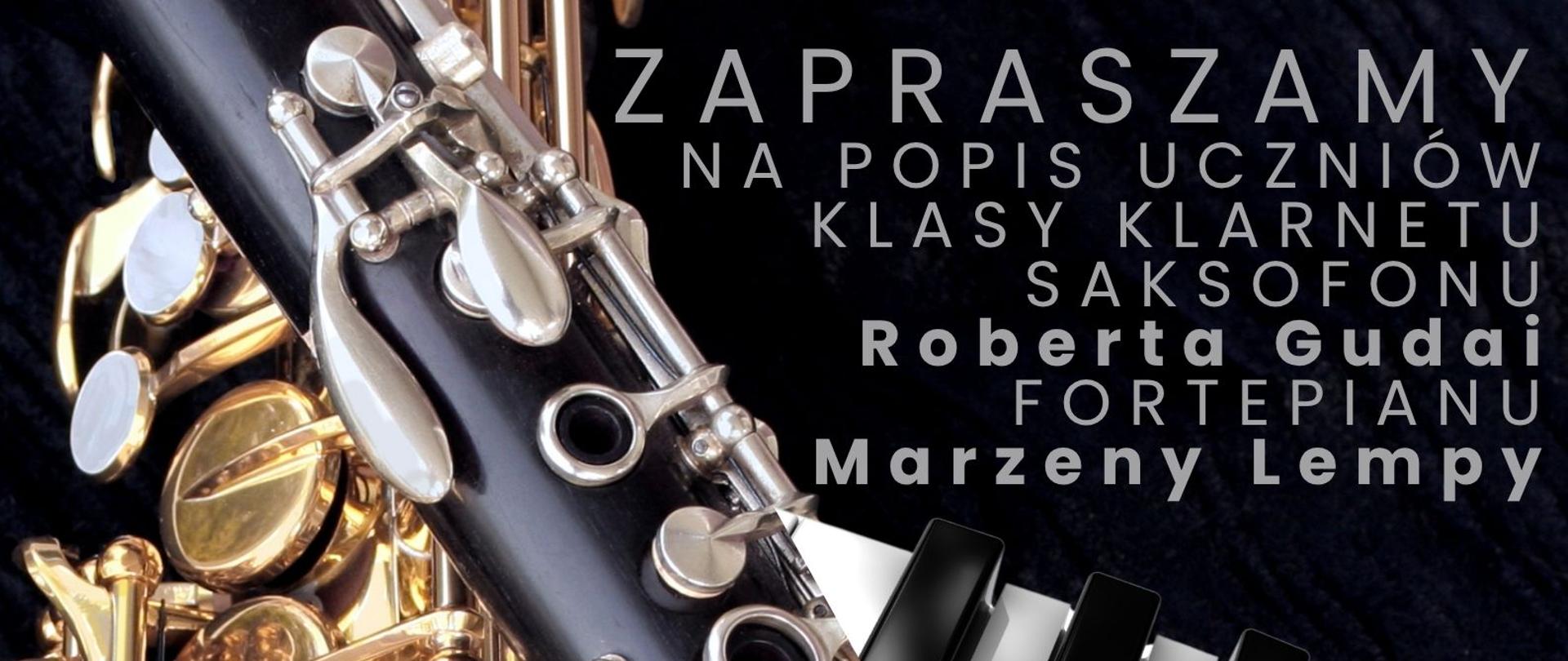Czarne tło, logo szkoły, zdjęcia klarnetu, saksofonu i klawiatury, tekst dotyczący popisu klasy saksofonu, klarnetu i fortepianu 14 maja 2026 r. o godz. 17.00