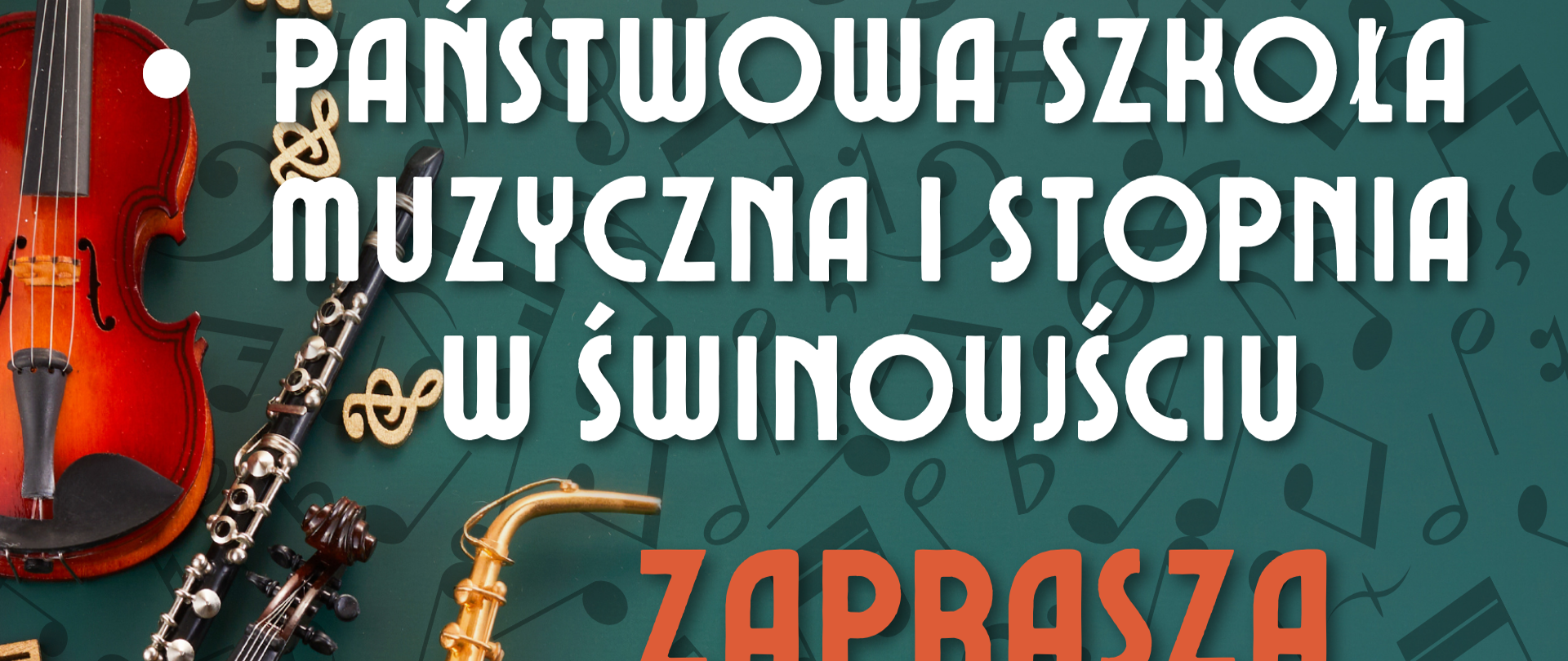 Na szarym tle plakatu umieszczone zostały po lewej stronie zdjęcia instrumentów i złote nutki. Obok duży pomarańczowo- żółty napis, pod spodem biały napis z datą koncertu i żółty napis informujący o godzinie.