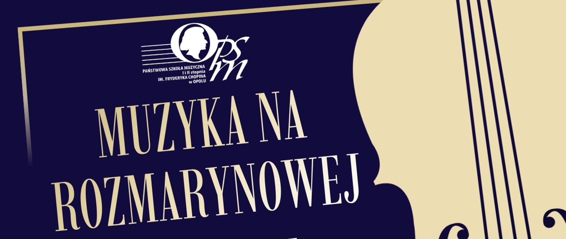 Ciemnogranatowy plakat, którego głównym motywem graficznym jest duża, kremowa sylwetka wiolonczeli wykadrowana po prawej stronie. Instrument jest symbolicznie przecięty poziomą, cienką linią przypominającą smyczek. Po lewej stronie, w delikatnych, złotych ramkach umieszczono eleganckie kremowe i białe napisy z informacjami o wydarzeniu oraz logo szkoły muzycznej u góry.