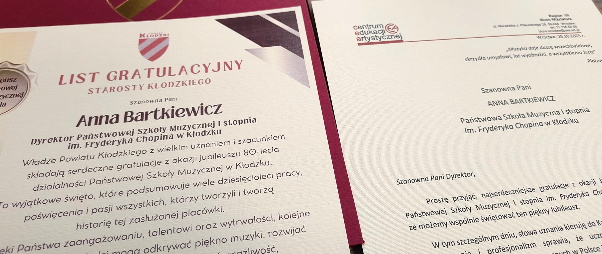 teksty z życzeniami wydrukowane na ozdobnych papierach w związku z jubileuszem 80-lecia PSM I st. w Kłodzku
