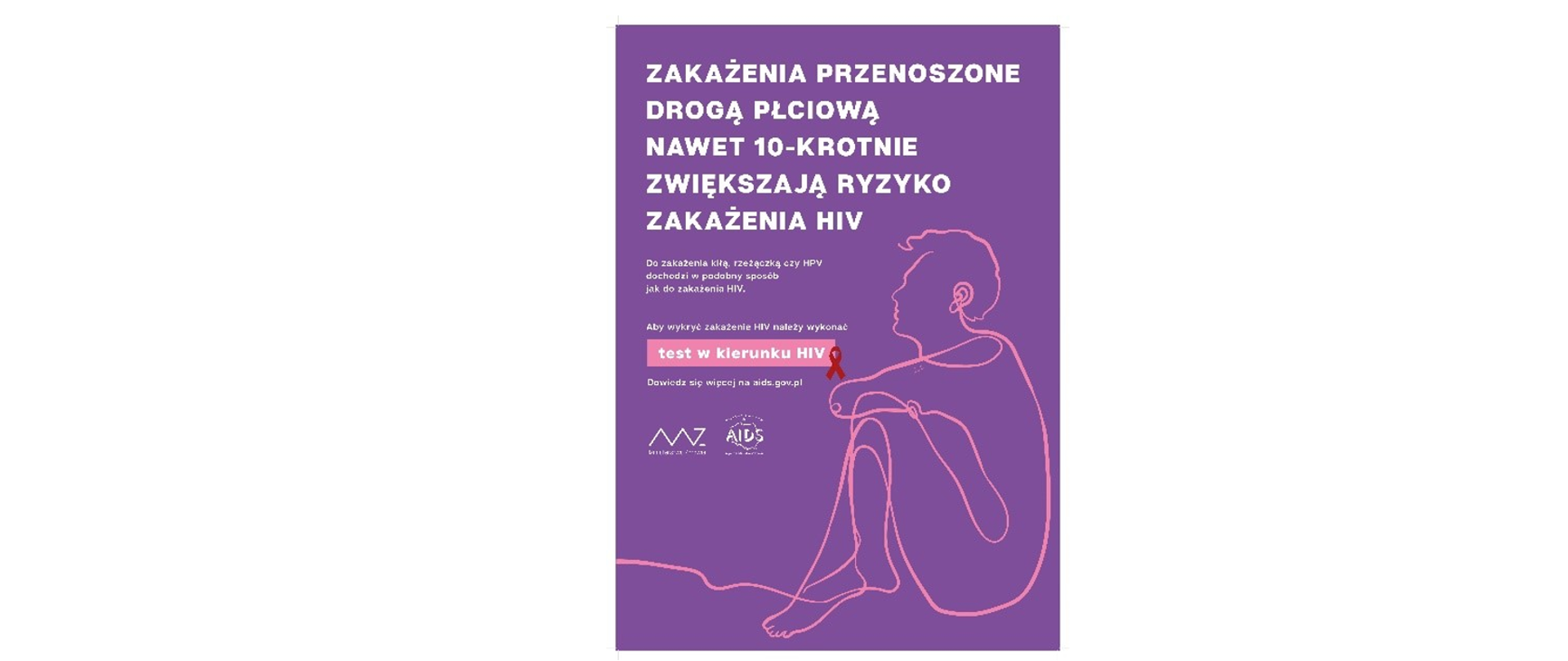 Napis-zakażenie przenoszone drogą płciową nawet 10-krotnie zwiększają ryzyko zakażenia HIV, Do zakażenia kiła, rzeżaczką czy HPV dochodzi w podobny sposób jak do zakażenia HIV. Aby wykryc HIV zrób test - Logo Ministerstwa zdrowia i AIDS.