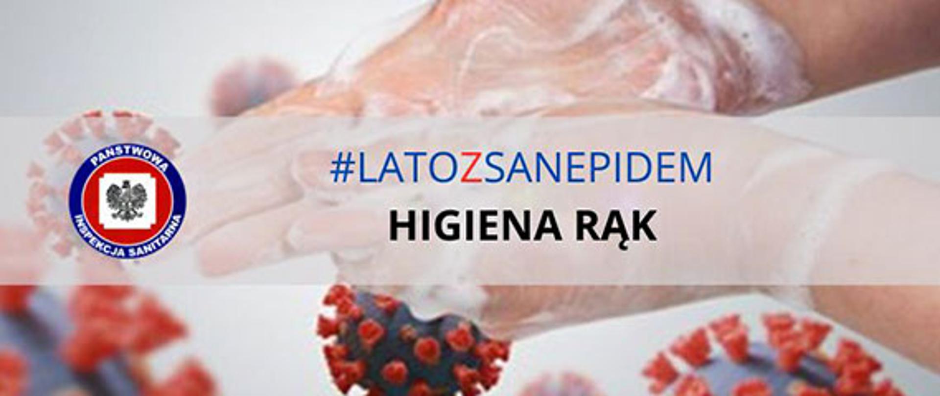 zdjęcie przedstawia ręce myte mydłem, a wkoło wirusy