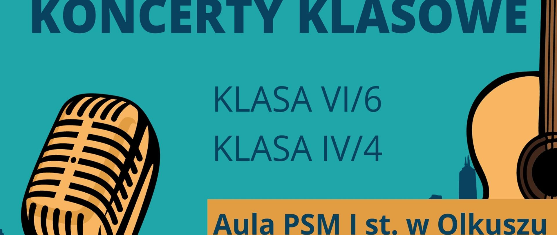 niebiesko żółte tło z prawej strony zarys gitary, z lewej mikrofon u góry tuba