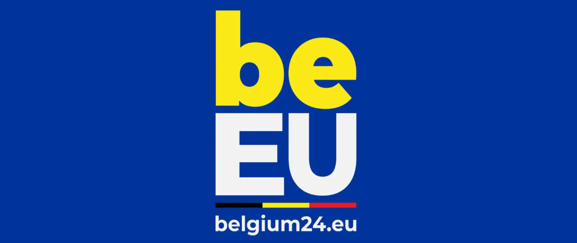 Na granatowym tle, żółto-biały napis "be EU. belgium24.eu"