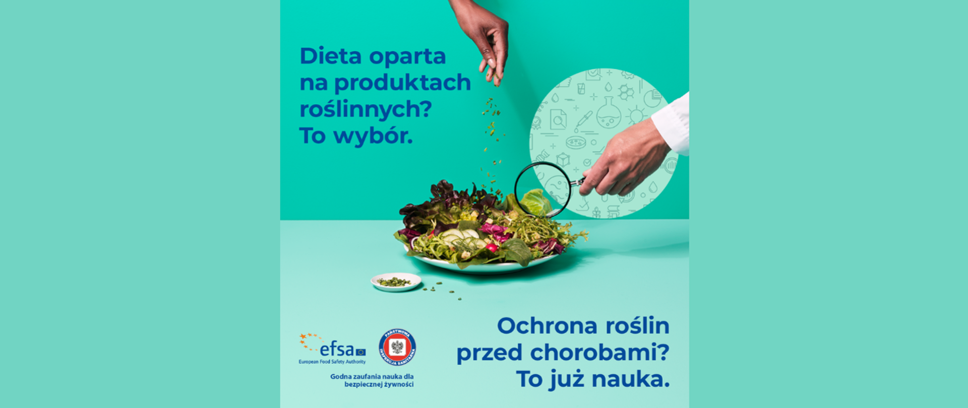Grafika przedstawia dwie dłonie. Jedna przyprawia sałatkę na talerzu, druga trzyma lupę do czytania. Na grafice widnieje napis: Dieta oparta na produktach roślinnych? To wybór. Ochrona przed chorobami? To już nauka.