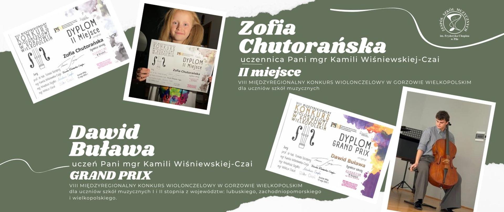 Na zielonym tle z lewej strony zdjęcie dyplomu obok zdjęcie dziewczynki w jasnych rozpuszczonych długich włosach, jest uśmiechnięta w rękach przed sobą trzyma kolorowy dyplom. Z prawej strony zdjęcie kolorowego dyplomu, obok zdjęcie młodego chłopaka siedzącego na krześle trzyma wiolonczelę ubrany w szatą koszulę i ciemniejsze szare szerokie spodnie.
