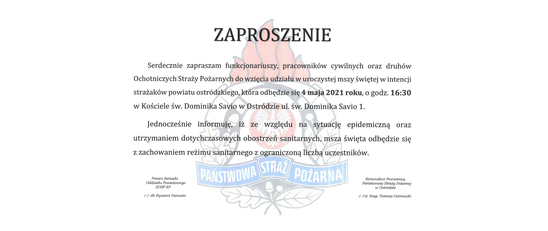Zaproszenie na uroczystą mszę w intencji strażaków powiatu ostródzkiego, która odbędzie się 4 maja 2021 roku, o godzinie 16:30 w Kościele św. Dominika Savio w Ostródzie.