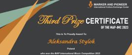 W tłumaczeni: Dyplom Trzeciej Nagrody w kategorii instrumentów dętych blaszanych: waltornia, w kategorii wiekowej: Grupa Solistów F. 17-19 dla Aleksandry Stylok w Międzynarodowym Konkursie Muzycznym „MARKER AND PIONEER” 2023, edycja online, 20 maja 2023 roku.