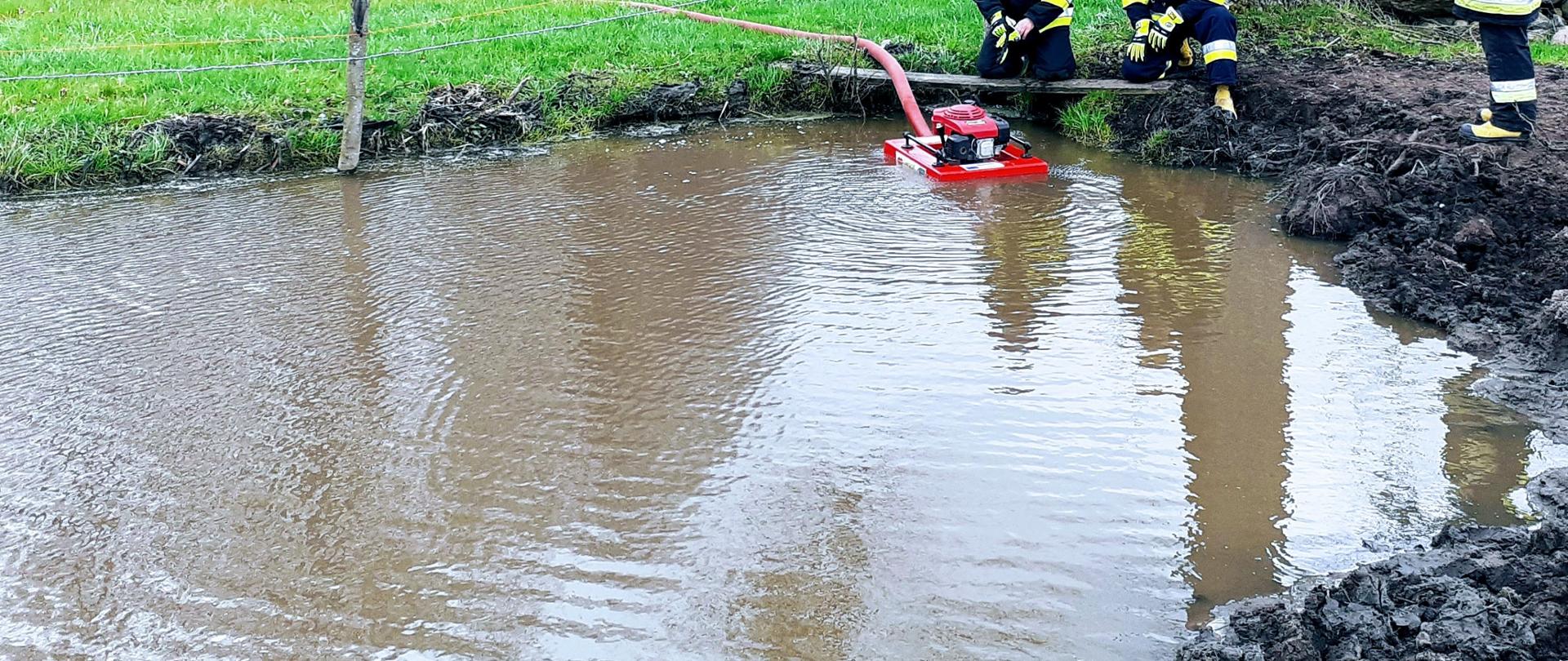 Strażacy OSP wypompowują wodę ze zbiornika wodnego przy pomocy motopompy pływającej.
