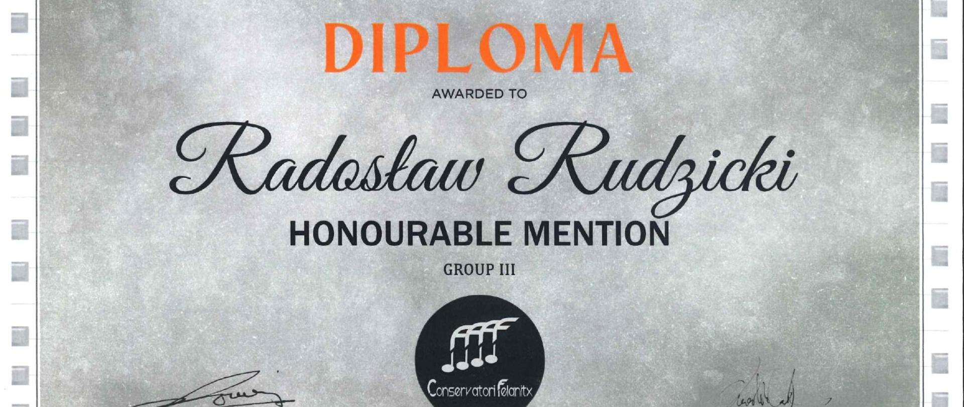 Dyplom dla Radoslawa Rudzickiego