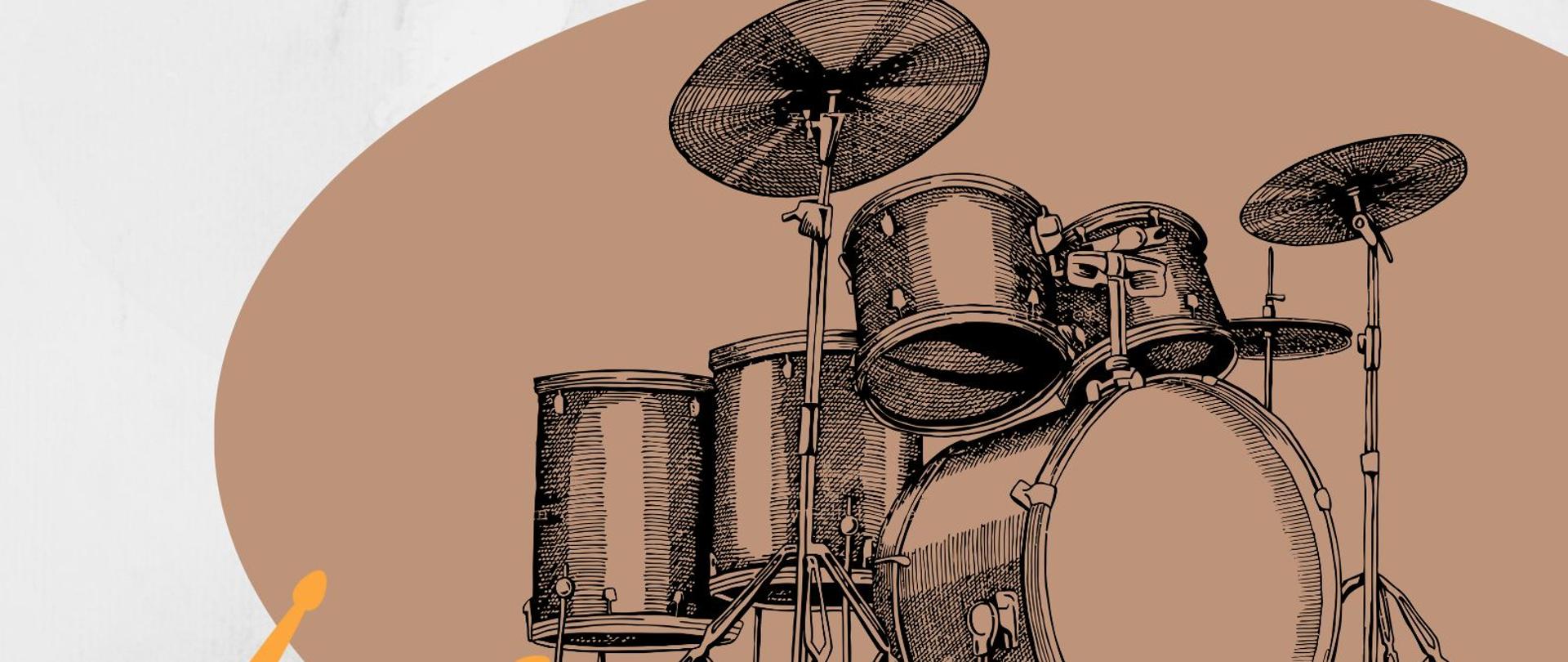 Grafika - afisz. Tło białe, w środku owalny element graficzny przedstawiający zestaw perkusyjny na jasnobrązowym tle. Napisy od góry: WARSZTATY PERKUSYJNE dla uczniów i nauczycieli poprowadzi dr Krystian Skubała środa, 19 kwietnia 2023 od godz. 10.00 sala numer 10. W lewym dolnym rogu logo PSM Nysa.