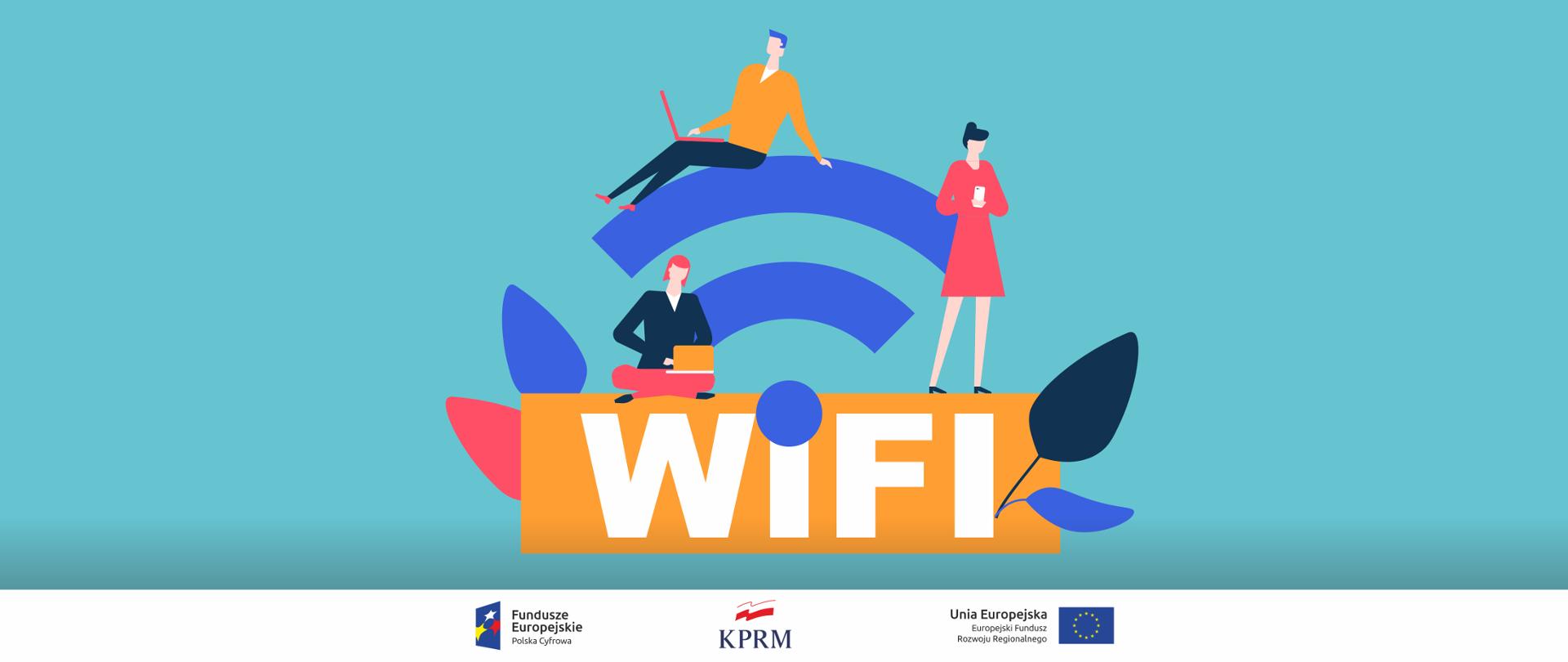 Grafika wektorowa na turkusowym tle - trzy osoby (dwie kobiety i mężczyzna) korzystające z urządzeń mobilnych (telefonów komórkowych lub laptopów). Siedzą, stoją lub opierają się o niebieski symbol połączenia wi-fi. Na środku, na pomarańczowym tle napis WIFI.