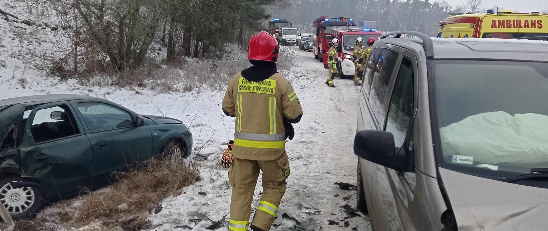 Na zdjęciu widać rozbite pojazdy oraz strażaka 