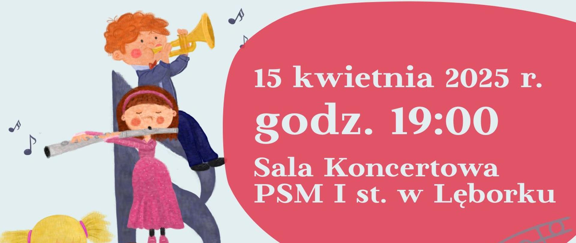 Plakat zwiera informacje o miejscu i terminie koncertu. W lewym dolnym rogu jest rysunek dwójki dzieci grających na instrumentach a po przeciwnej stronie logo szkoły i fundacji "Melodia".