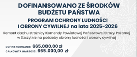 Remont dachu strażnicy Komendy Powiatowej Państwowej Straży Pożarnej w Szczytnie na potrzeby ochrony ludności i obrony cywilnej.