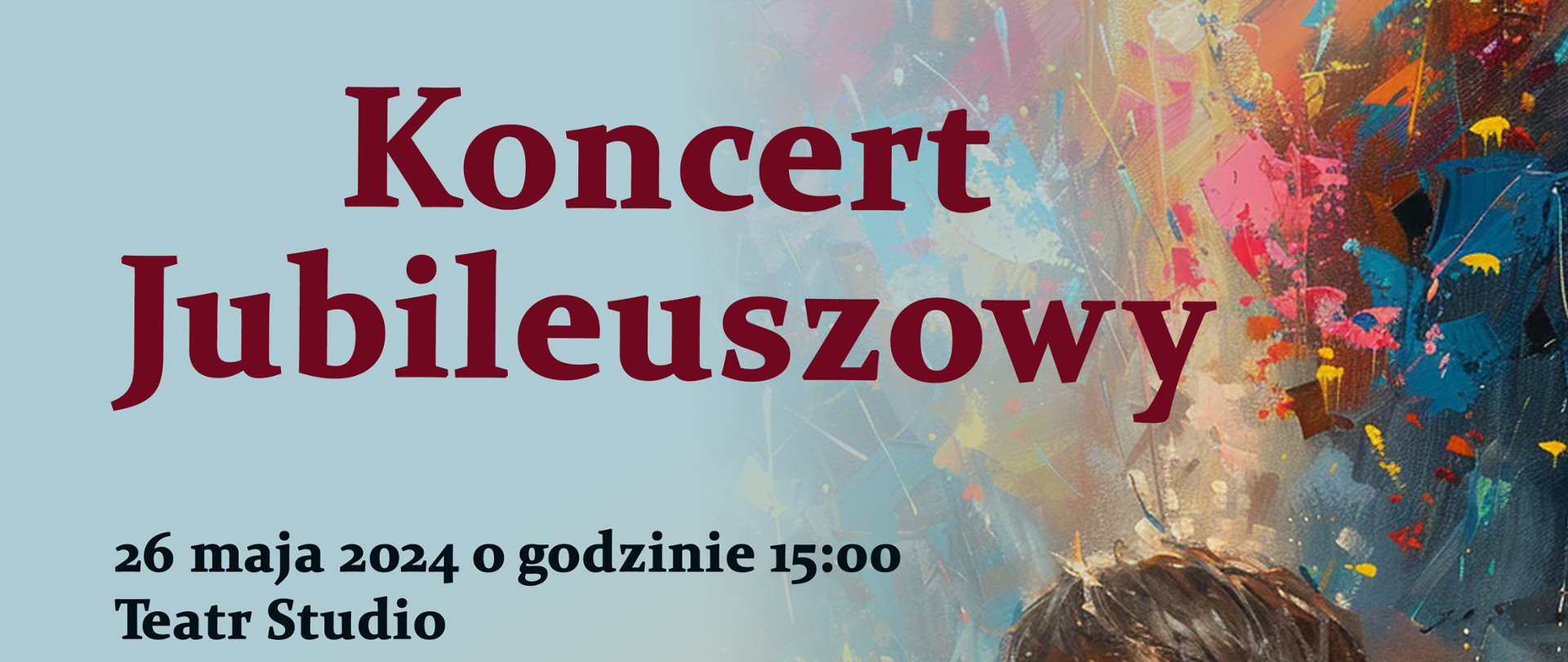 Na wielokolorowym tle plakatu znajdują się: w lewym górnym rogu znajduje się logo z wizerunkiem Oskara Kolberga. W nagłówku znajduje się napis 75 lat Państwowej Szkoły Muzycznej I st. nr 1 im. Oskara Kolberga w Warszawie. W centralnym punkcie znajduje się czerwony napis: Koncert Jubileuszowy, poniżej znajdują się informacje dotyczące wydarzenia: 26 maja 2024roku o godzinie 15.00, Teatr Studio , Pałac Kultury i Nauki, pl. Defilad 1,. Wystąpią soliści, zespoły, chór, orkiestra, zaproszeni goście. W lewym dolnym rogu znajduje się kolorowe logo szkoły. Po prawej stronie plakatu znajduje się wizerunek chłopca (od pasa w górę) trzymającego w rękach akordeon. Głowa chłopca skierowana jest w lewy górny róg. Chłopiec ma dłuższe włosy, ubrany jest w białą koszule. 