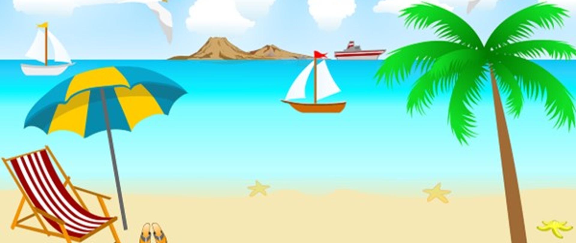 Tropikalna plaża. Na piasku pusty leżak, rozłożony parasol i klapki. W oddali płynące żaglówki.