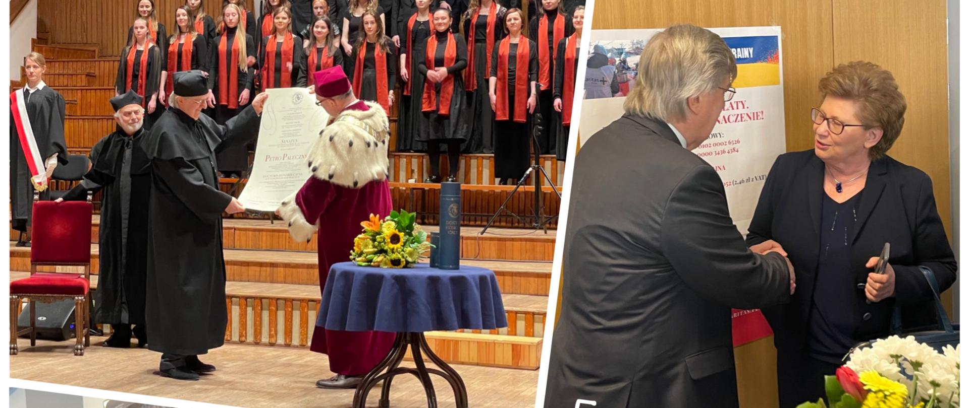 Kolaż składający się z czterech, kolorowych zdjęć z sali koncertowej UMFC w Warszawie, na których widać Piotra Palecznego i inne osoby uczestniczące w uroczystości m.in. Dyrektor naszej szkoły Romanę Kuczerę