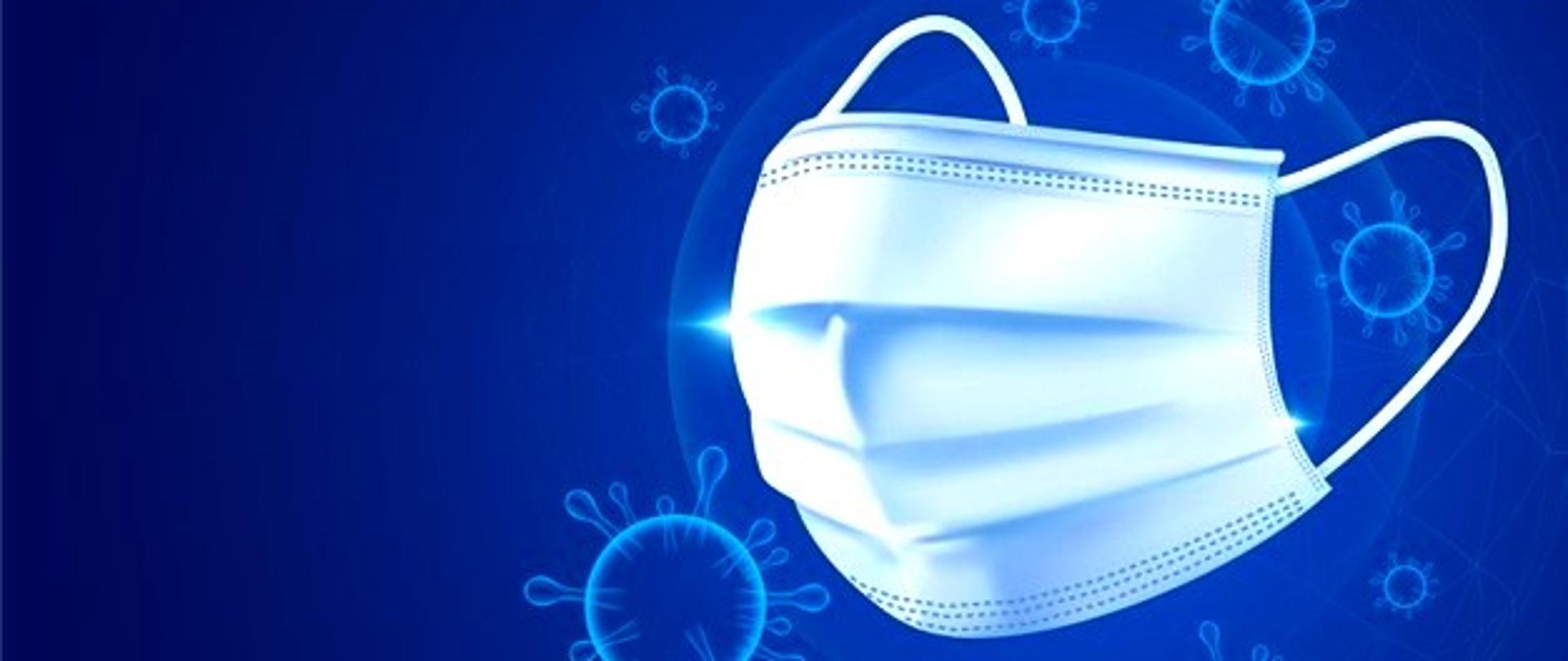 Zdjęcie przedstawia białą jednorazową maseczkę ochronną na niebieski tle. Wokół maseczki krążą cząsteczki wirusa.