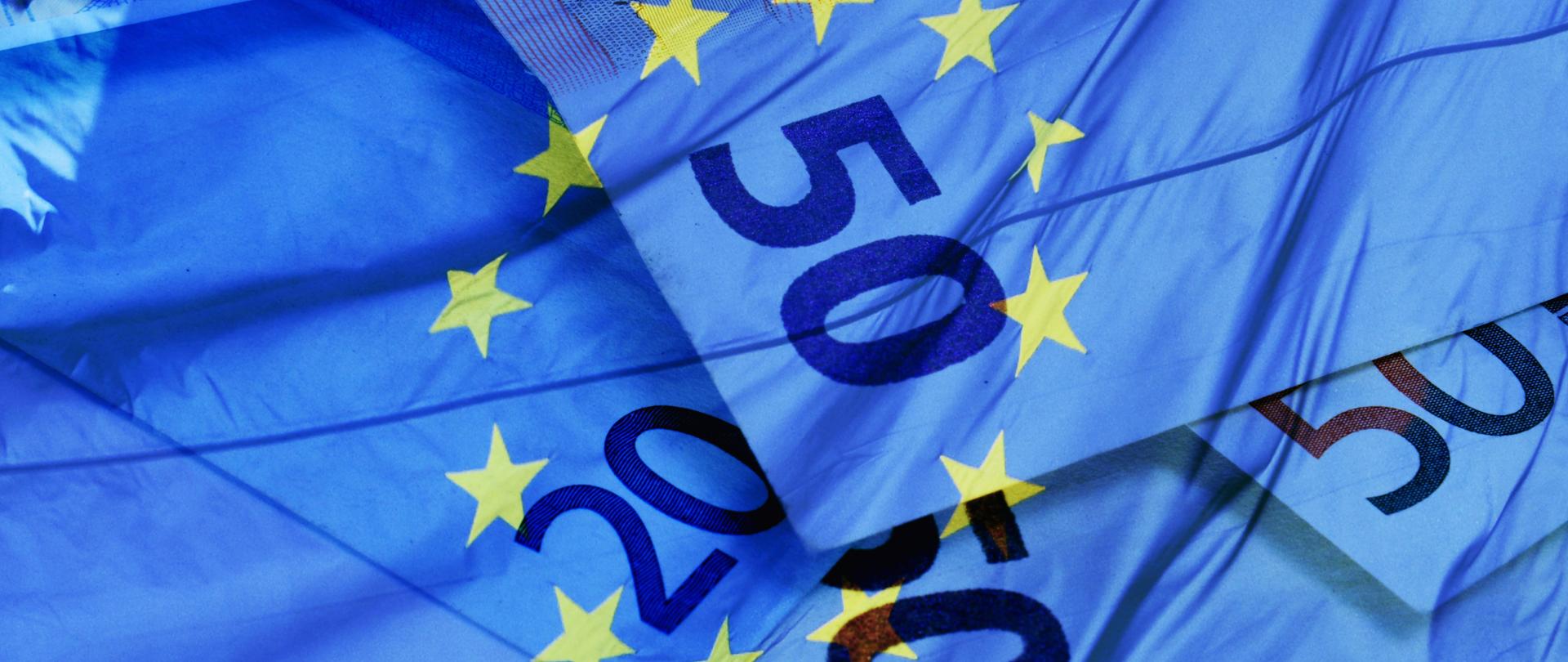 Banknoty w nominale 20 i 50 euro otoczone żółtymi gwiazdkami