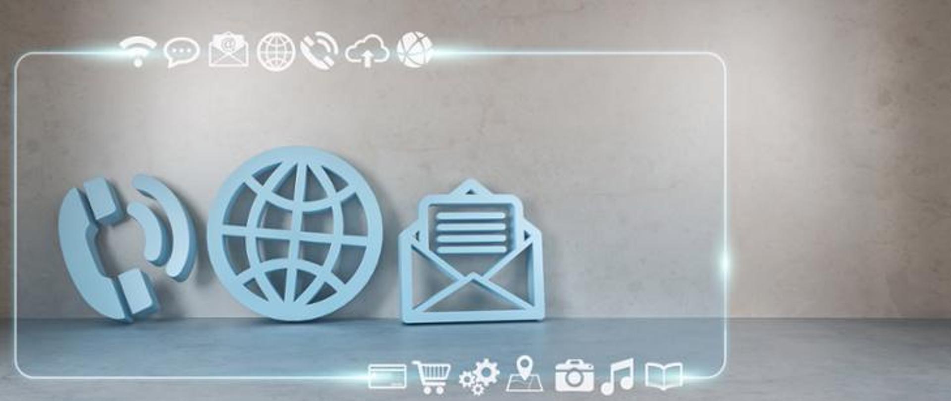 Ikony przedstawiające różne formy kontaktu elektronicznego - telefon, kula ziemska i koperta