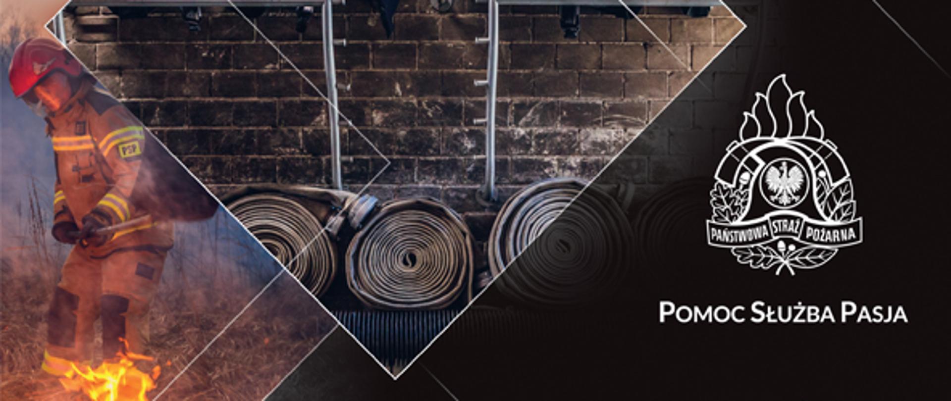 fotografia przedstawia nowy wzór kalendarza strażackiego na rok 2021 z charakterystycznymi dla strazy elementami: chełmy, węże strazackie, logotyp, numery alarmowe, ogień. Kalendarz w ciemnej tonacji z widocznym na czarnym tle rokiem i podziałem na miesiące