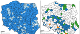 Ilustracja przedstawia zestawione obok siebie dwie mapy Polski z oznaczonym kolorystycznie: stanem wdrożenia układu PL-EVRF2007-NH w powiatach po lewej stronie i powiatami, z którymi zawarte zostało porozumienie po prawej stronie.