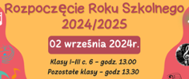 Na żółto-czerwonym tle z motywami muzycznymi informacje dotyczące rozpoczęcia roku szkolnego.