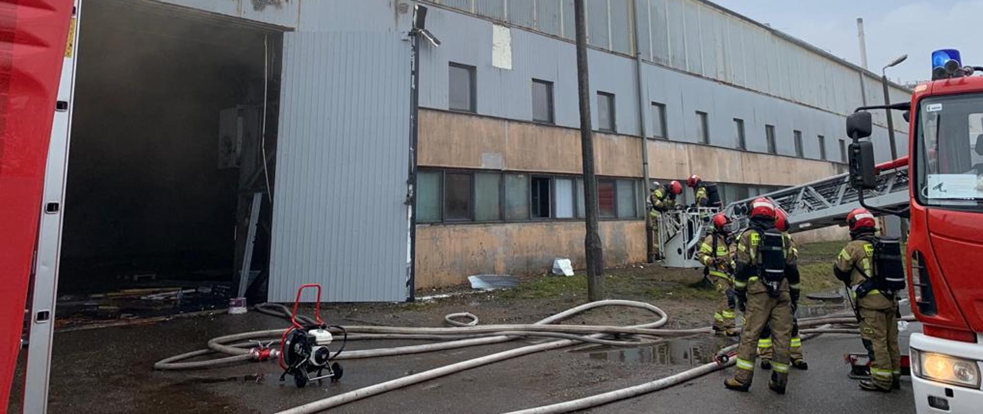 Zdjęcie przedstawia działania ratowniczo-gaśnicze przy pożarze ściany zewnętrznej hali w miejscowości Brzeg. Po lewej stronie widoczny kawałek samochodu pożarniczego. Po prawej stronie widoczni strażacy PSP przy drabinie mechanicznej. Kosz drabiny przy ziemi. Wewnątrz kosza znajduje się dwóch strażaków. Po lewej stronie zdjęcia widoczna otwarte drzwi do hali oraz wentylator osiowy ustawiony przed nimi.