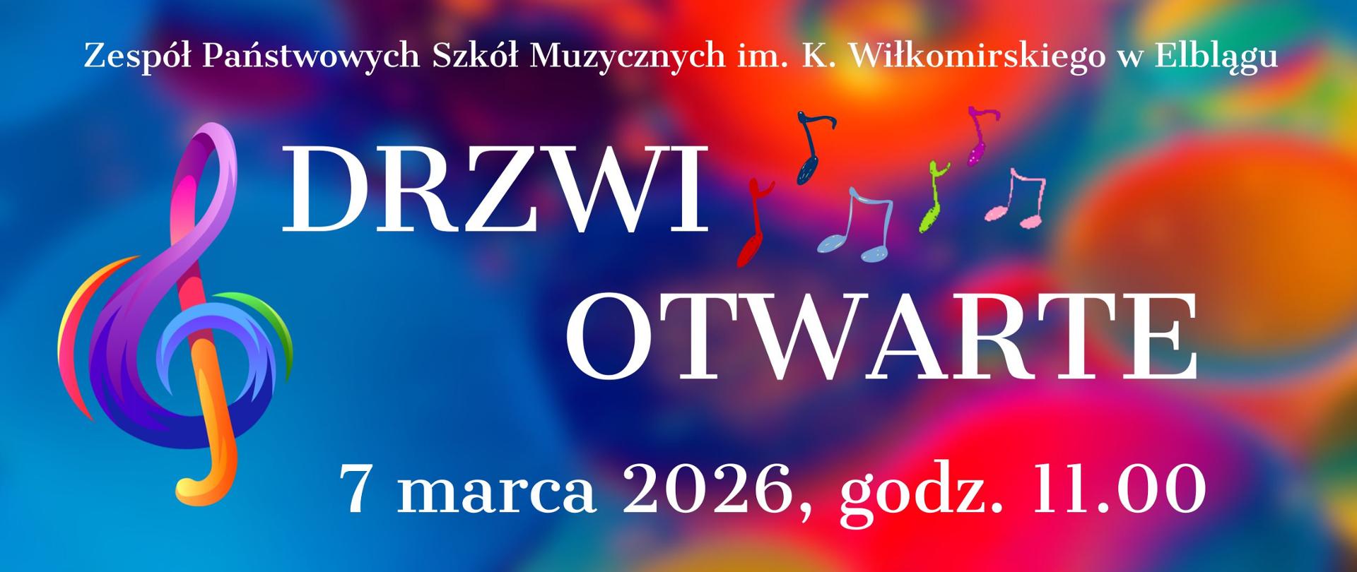 banner z napisem Zespół Państwowych Szkól Muzycznych w Elblągu Drzwi otwarte, 07 marca 2026, godzina 11.00