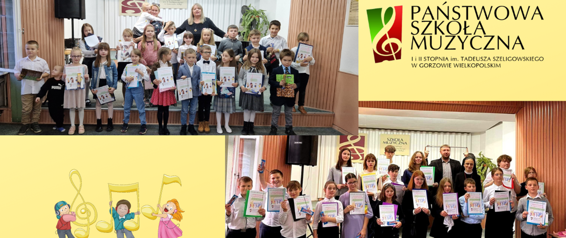 Kolaż: Na żółtym tle w lewym górnym rogu grupowe zdjęcie nauczycieli i dzieci z klasy I cyklu sześcioletniego trzymających dyplomy gratulacyjne, obok logo szkoły. Po prawej stronie na dole młodzież z klasy I cyklu czteroletniego z dyplomami i nauczyciele. Obok grafika - troje dzieci trzymających klucz wiolinowy i nuty.