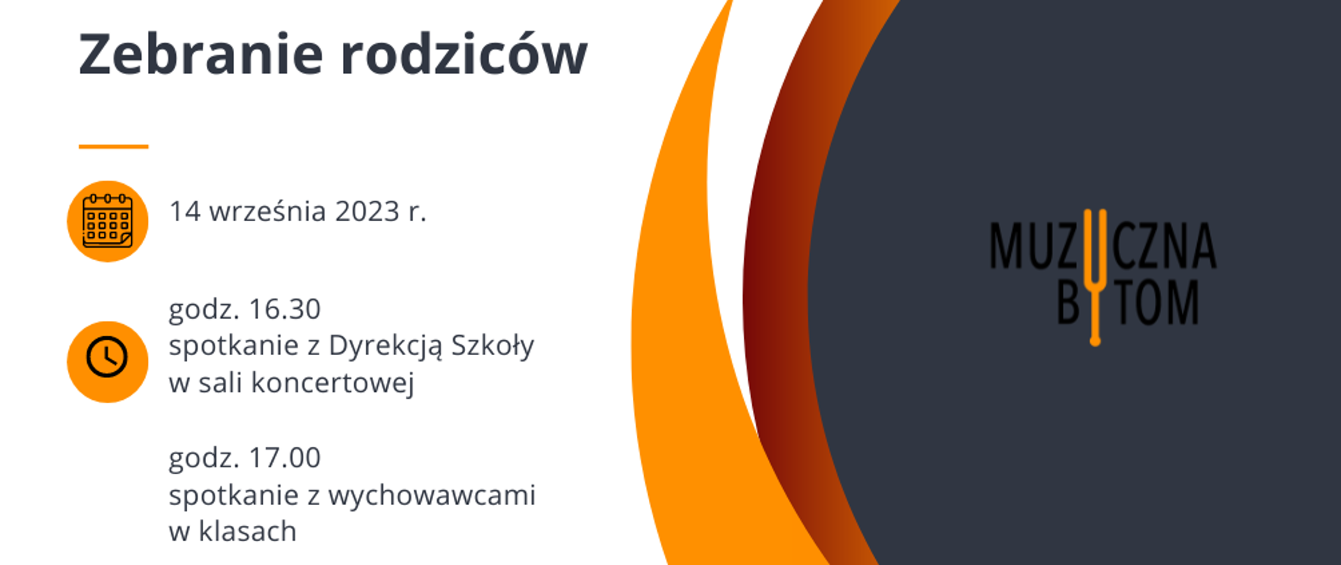 Po lewej stronie hasło "zebranie rodziców" oraz termin i data. Po prawej stronie na szarym tle logotyp szkoły.