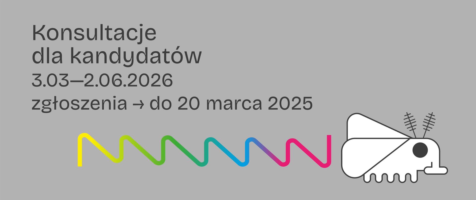 Baner informacyjny: Konsultacje dla kandydatów do PLSP, termin 3.03–2.06.2026, zgłoszenia do 20 marca 2026. Na grafice kolorowa linia oraz stylizowany owad.
