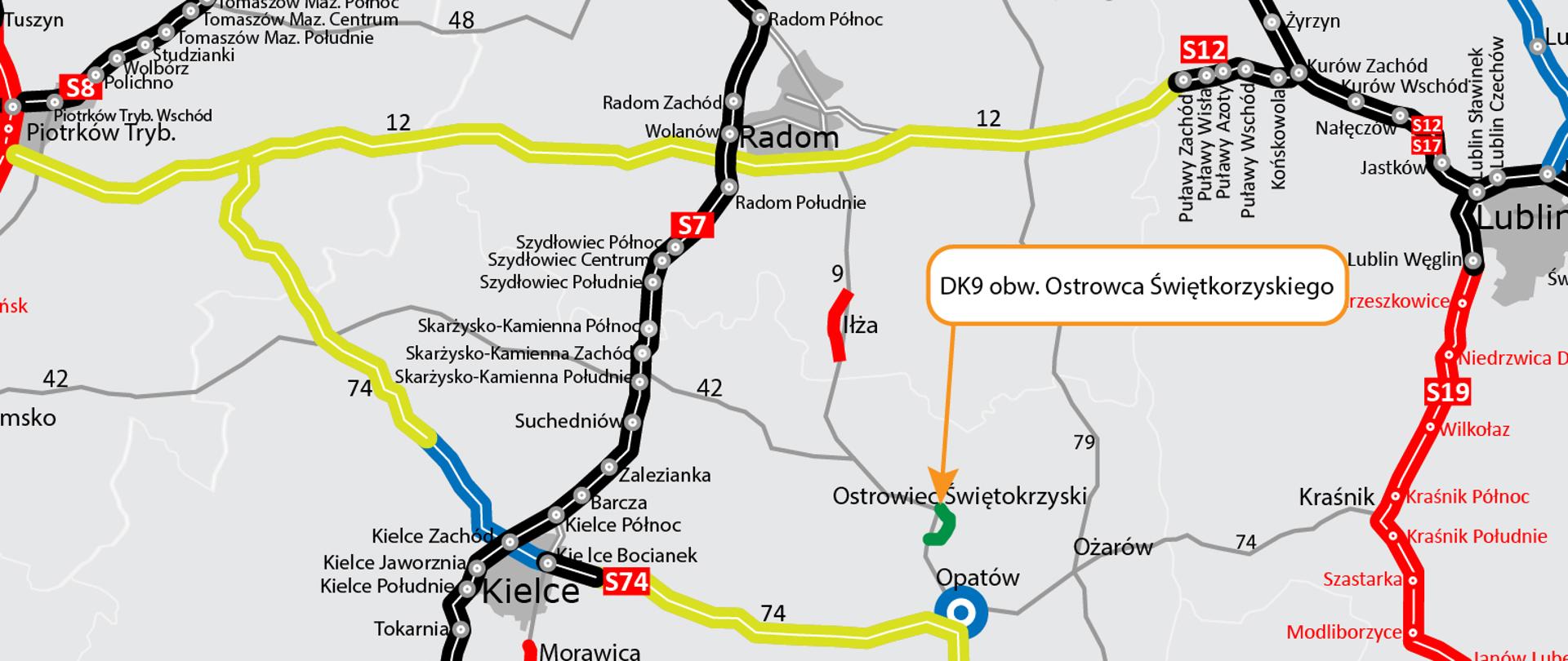 Mapa pokazująca przebieg obwodnicy Ostrowca Świętokrzyskiego