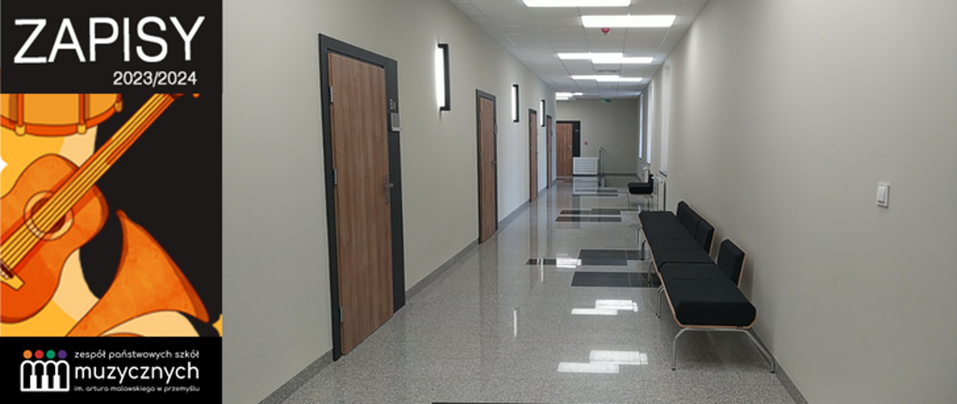 grafika zapisów do szkoły wraz ze zdjęciem wnętrza szkoły