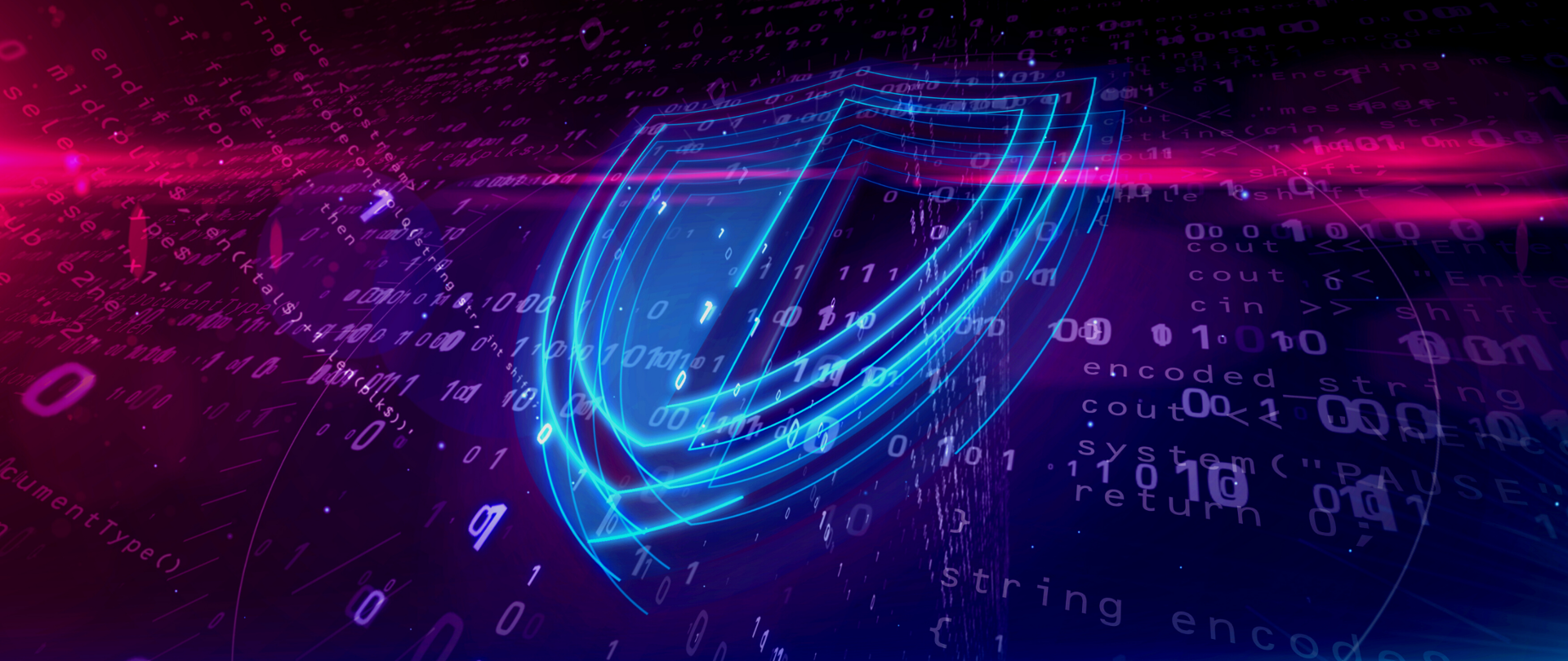 Grafika. Błękitna tarcza symbolizująca cyberbezpieczeństwo. W tle fioletowe cyfry 0 i 1 symbolizujące informatyzację i Internet.