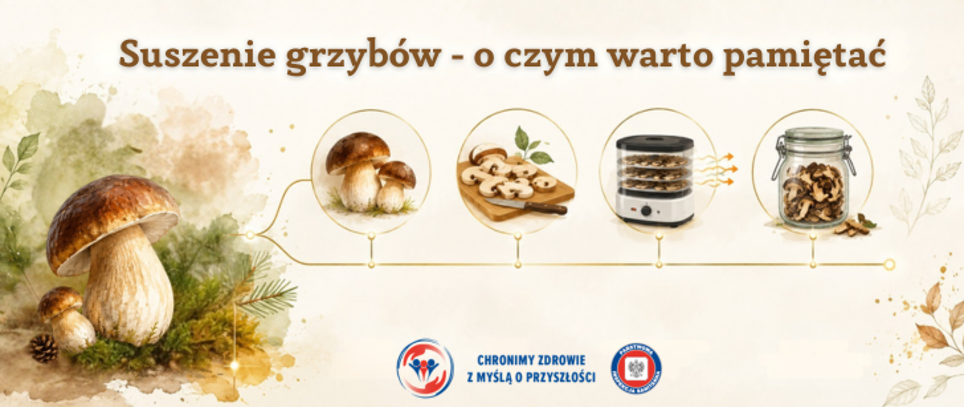 Grafika informacyjna zatytułowana „Suszenie grzybów – o czym warto pamiętać”. Po lewej widoczne są borowiki w leśnej scenerii. W środkowej części przedstawiono kolejne etapy przygotowania grzybów do suszenia: świeże grzyby, pokrojone plasterki na desce, suszarkę do żywności oraz słoik z wysuszonymi grzybami. Na dole logo Państwowej Inspekcji Sanitarnej wraz z hasłem: Chronimy zdrowie z myślą o przyszłości. 