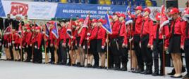 Uczestnicy wydarzenia stoją w szeregu na hali sportowej, trzymając sztandary. Wszyscy ubrani są w czerwone koszule i czarne elementy stroju. W tle widoczny duży baner z napisem „Sejmik Młodzieżowych Drużyn Pożarniczych Województwa Lubelskiego”.
