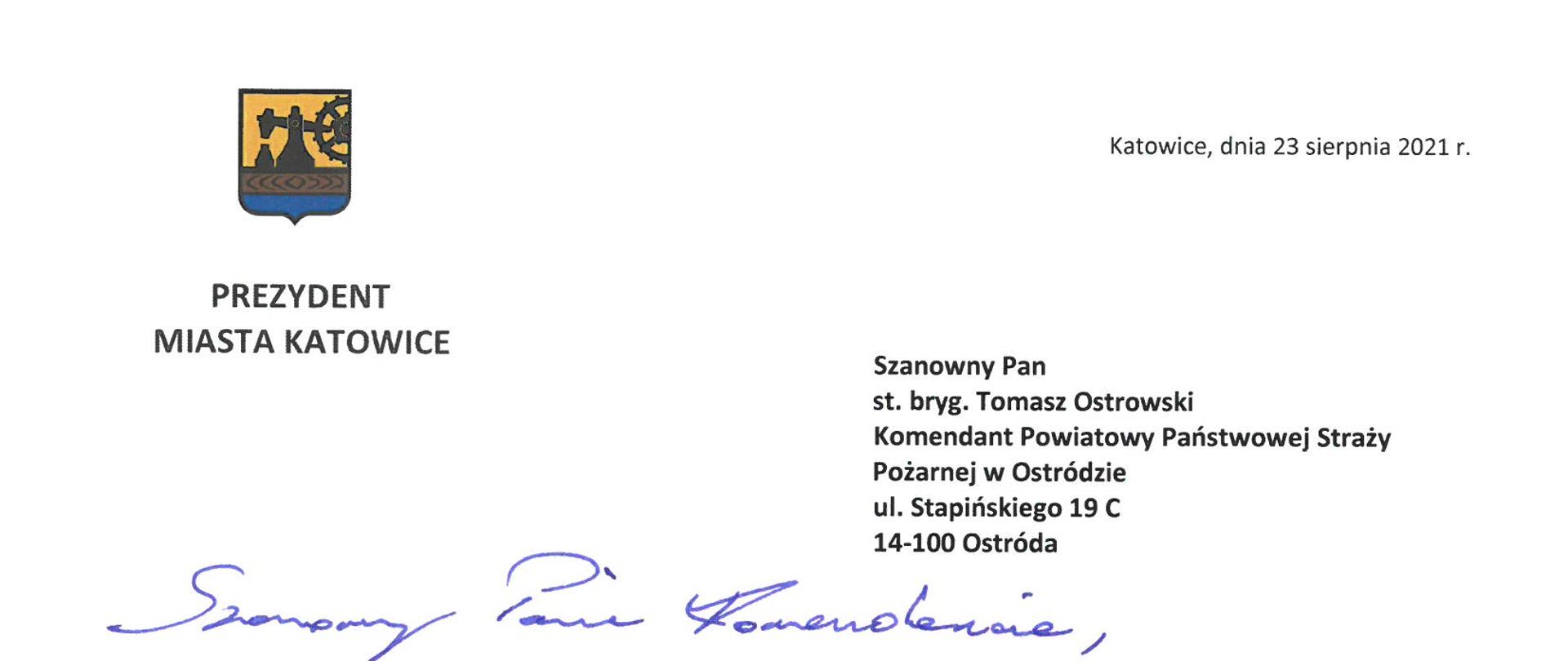 Okolicznościowe podziękowanie Prezydenta Miasta Katowice skierowane do Komendanta Powiatowego PSP w Ostródzie