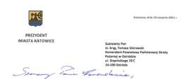Okolicznościowe podziękowanie Prezydenta Miasta Katowice skierowane do Komendanta Powiatowego PSP w Ostródzie