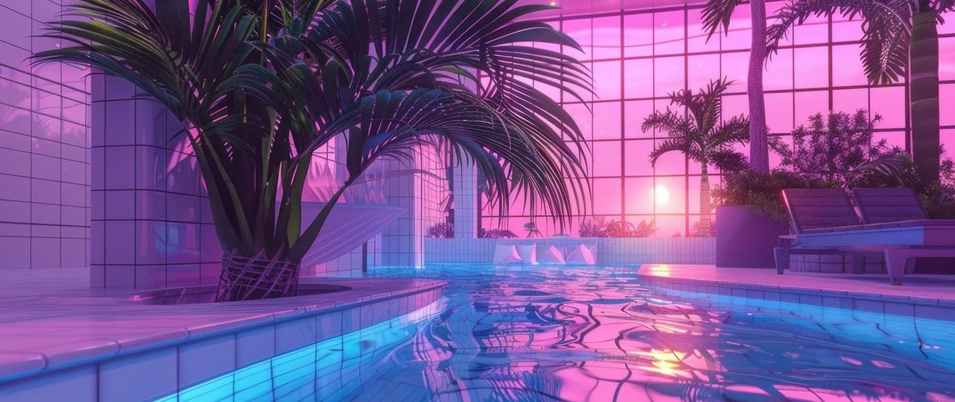 Pływalnia,na pierwszym planie egzotyczne palmy i basen, w tle okno z zachodzącym słońcem 