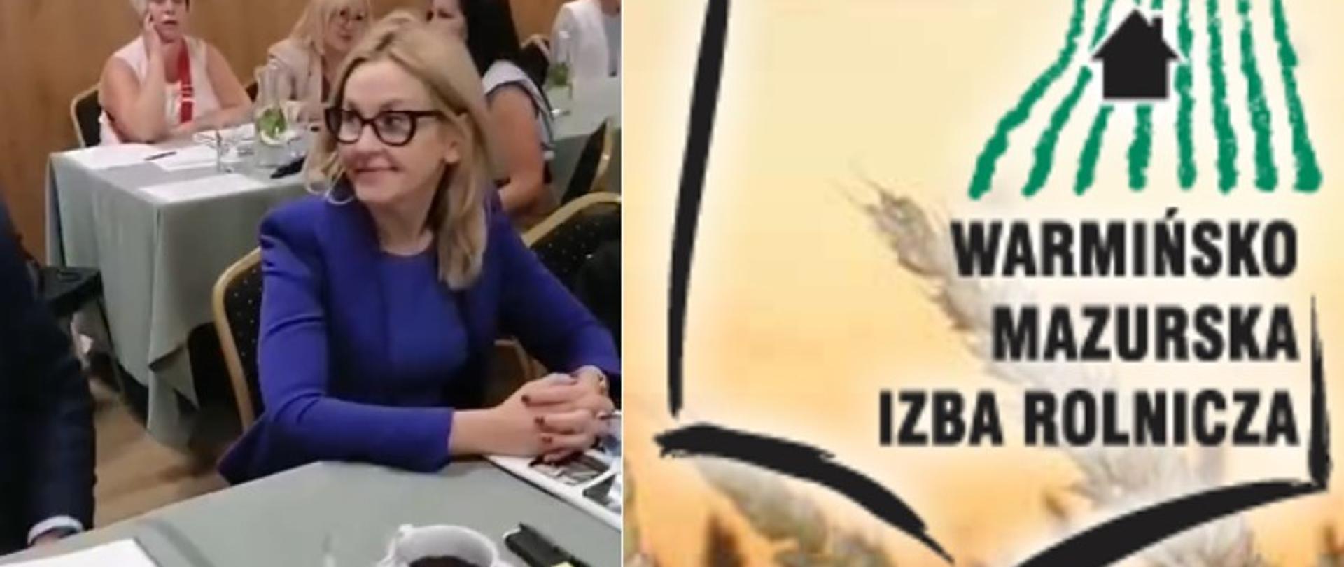 Kobieta w niebieskim garniturze siedzi przy stole, z prawej strony logo WMIR