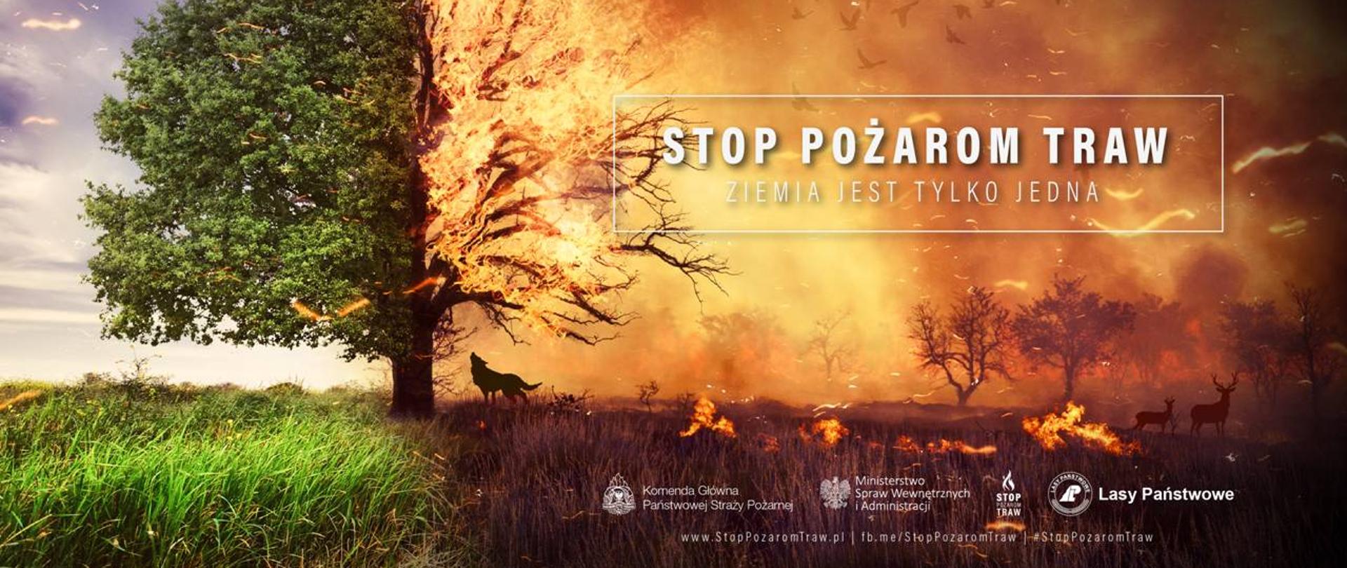 plakat kampanii stop pożarom traw: płonące do połowy drzewo oraz paląca się roślinność z widocznymi sylwetkami zwierząt