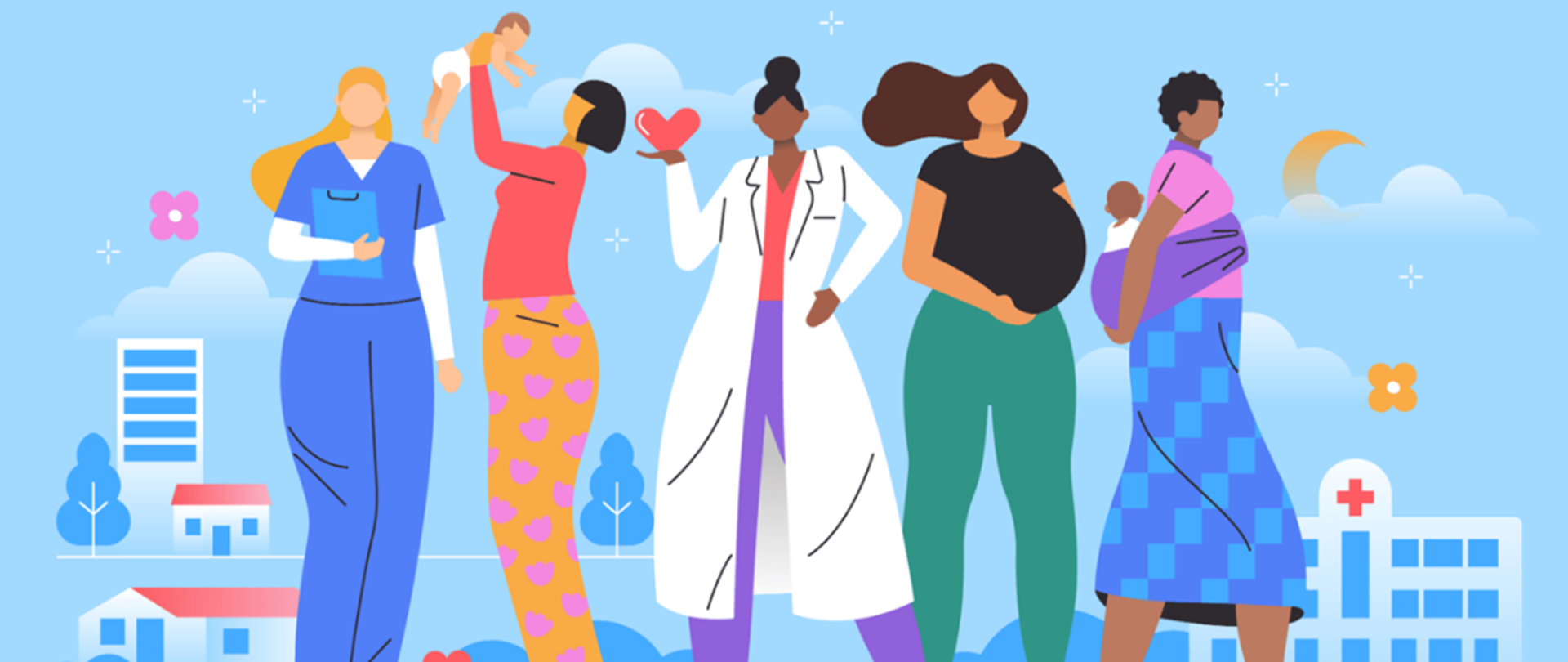 Na niebieskim tle, kobiety o różnym kolorze skóry, przedstawiające różne grupy społeczne