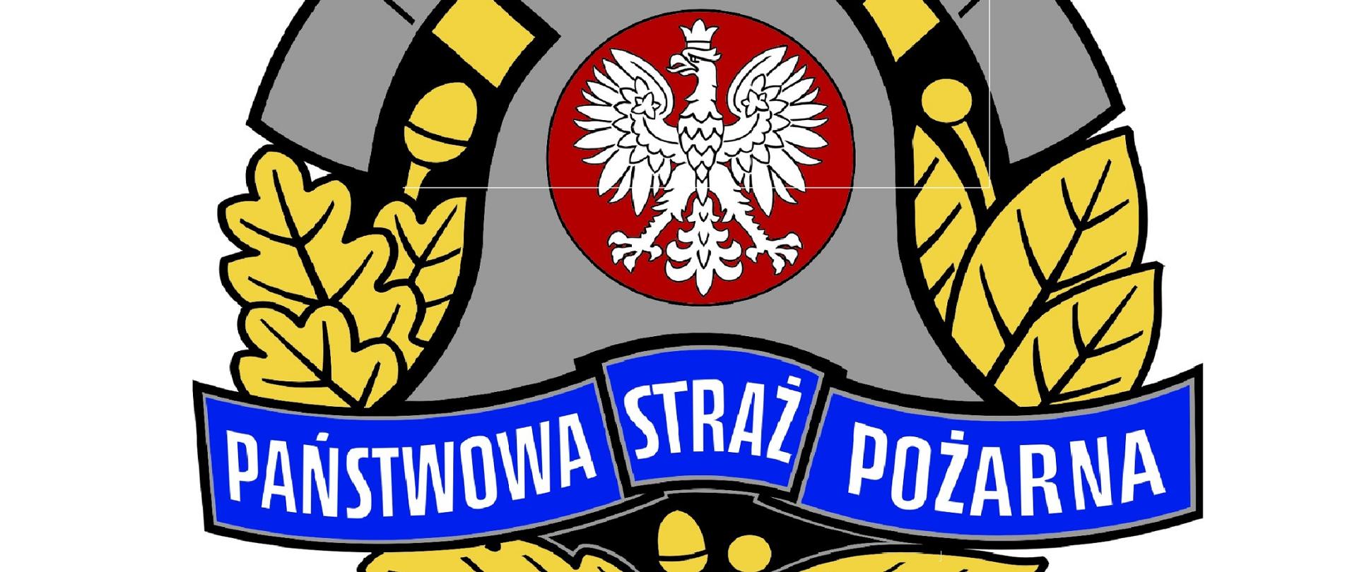 Chełm z dwoma toporami na tle liści klonowego z ogniem na górze.