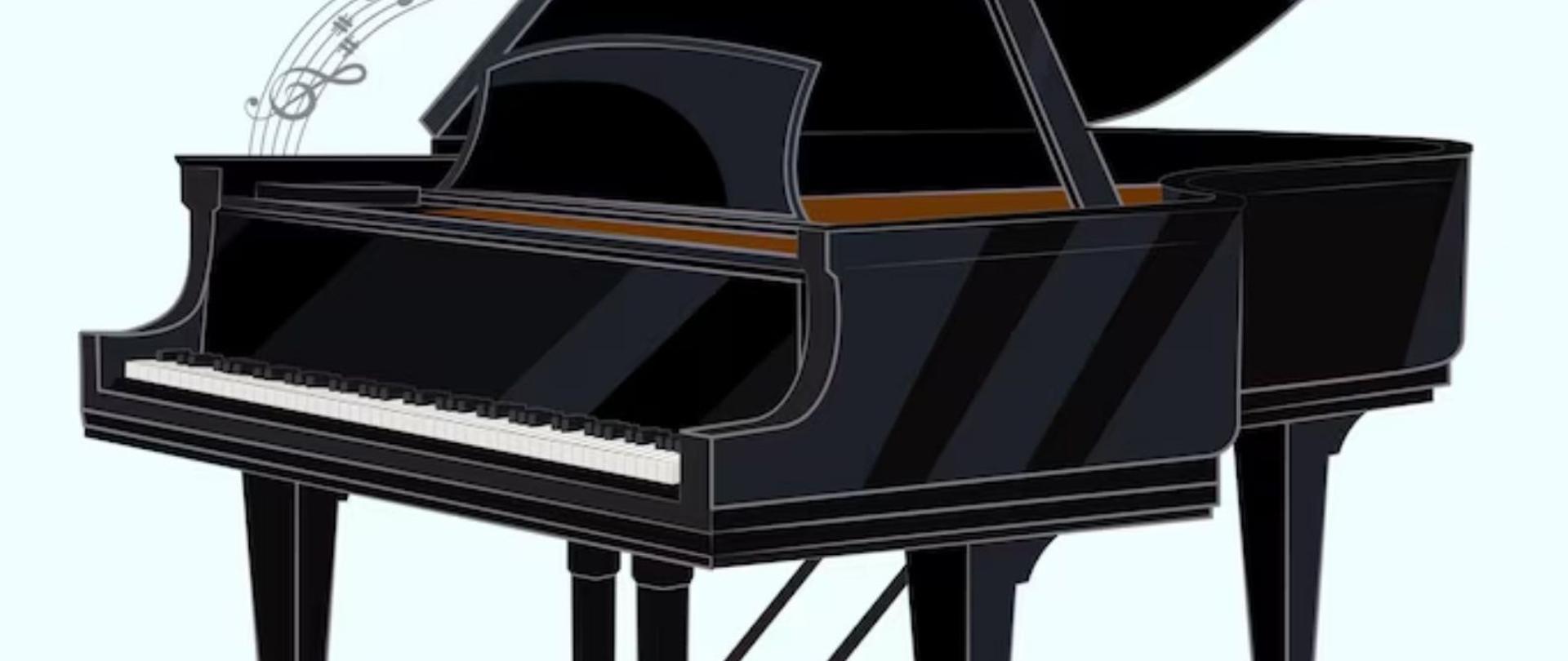 Plakat w pionie informujący o koncercie uczniów klasy fortepianu p. Zofii Antes, który odbędzie się 5 czerwca o godzinie 17:00.Głównym elementem plakatu jest grafika czarnego fortepianu na bladoniebieskim tle. Wokół instrumentu pięciolinia i nuty. U góry plakatu logo szkoły i nazwa.