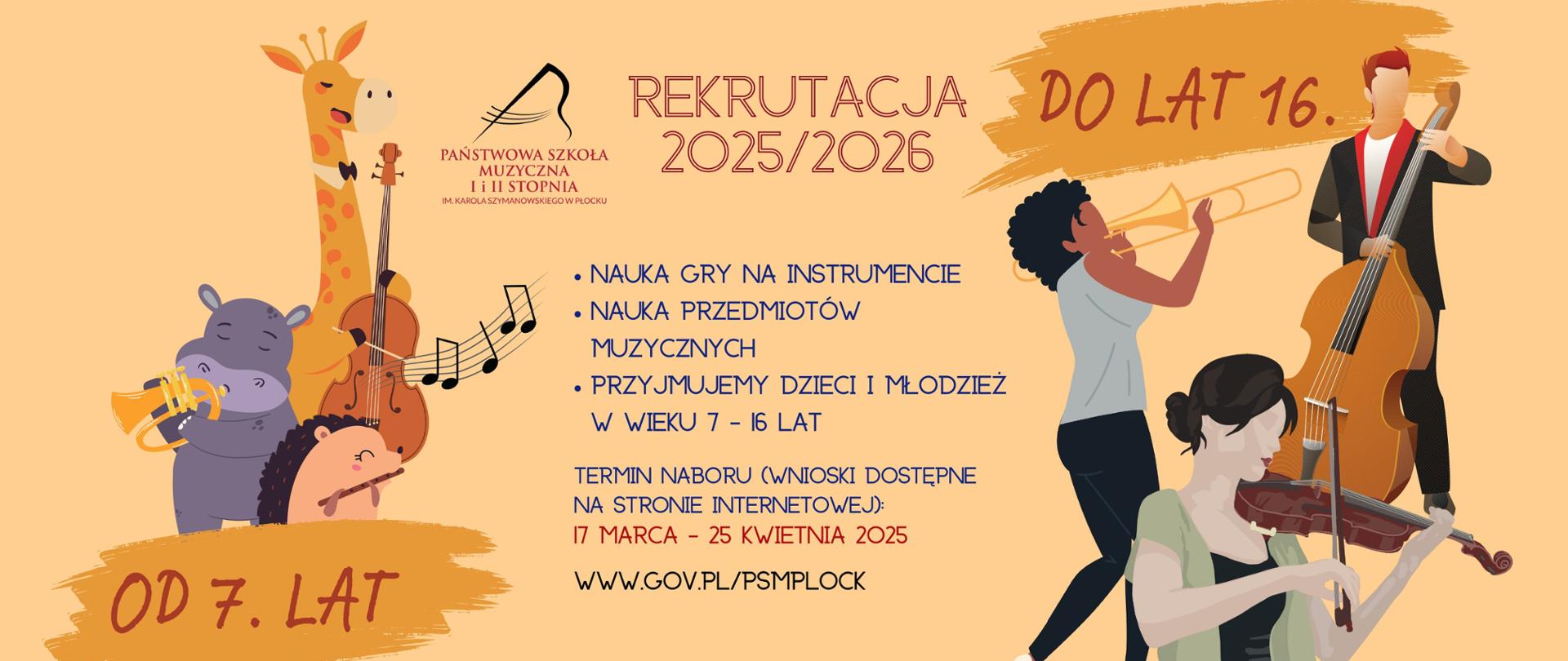 GRAFIKA PRZEDSTAWIA: po lewej stronie grające na instrumentach zwierzęta w wersji rysunkowej, po prawej grafiki grającej na instrumentach młodzieży; po środku baneru tekst informacji;