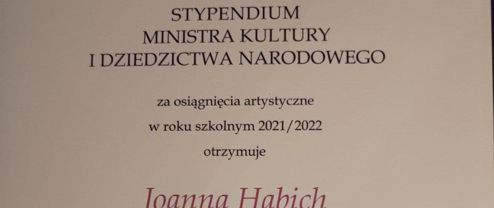 Zdjęcie dyplomu - stypendium Ministra Kultury i Dziedzicwta Narodowego